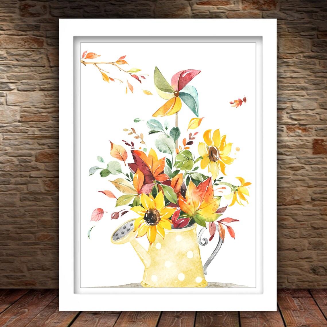 Sunflower Watering Can Autumn Leaves Pinwheel Fall Art Print - Image 2