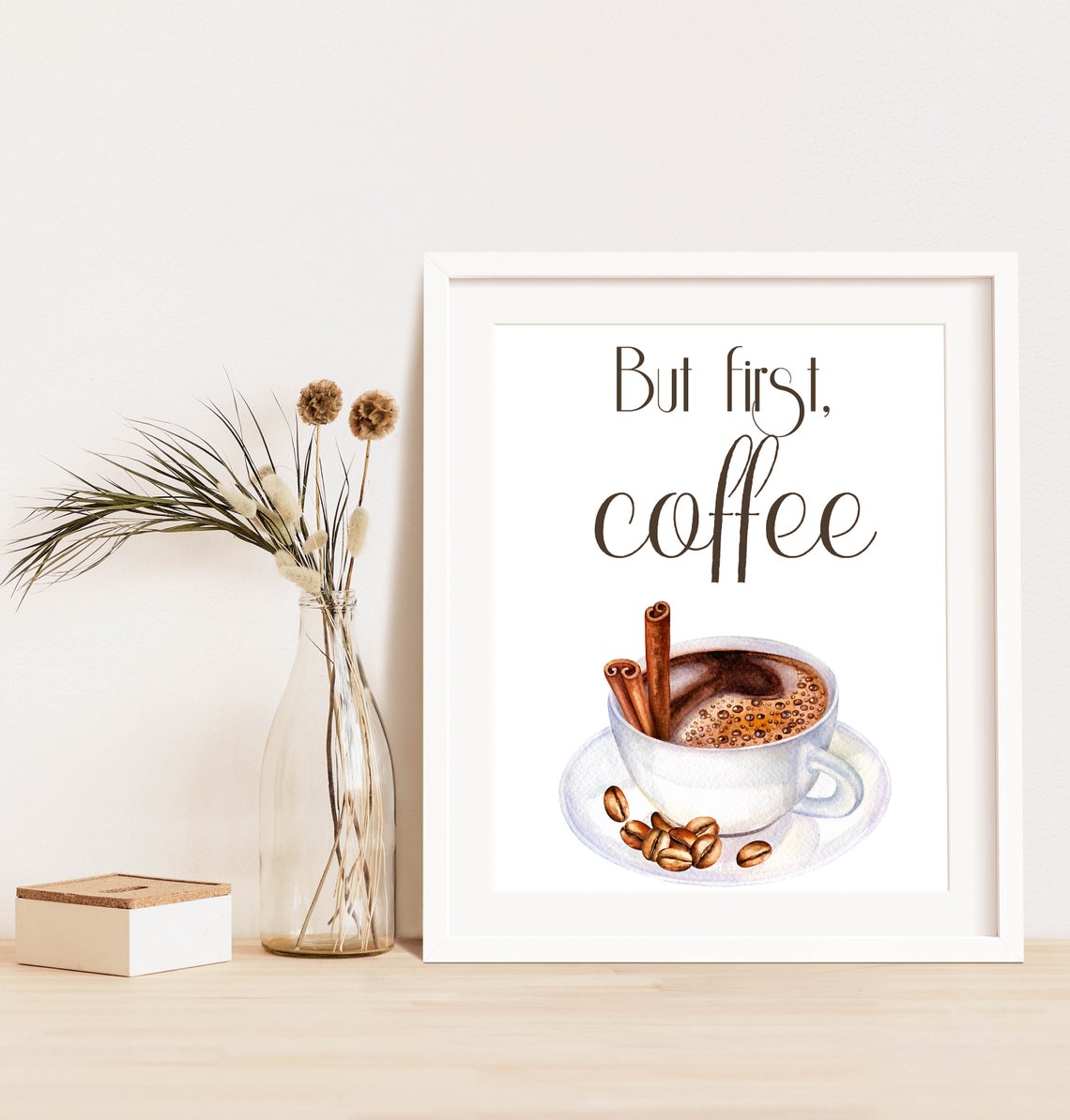 But First Coffee Watercolor Cup Cinnamon Sticks Kitchen Poster - Image 2