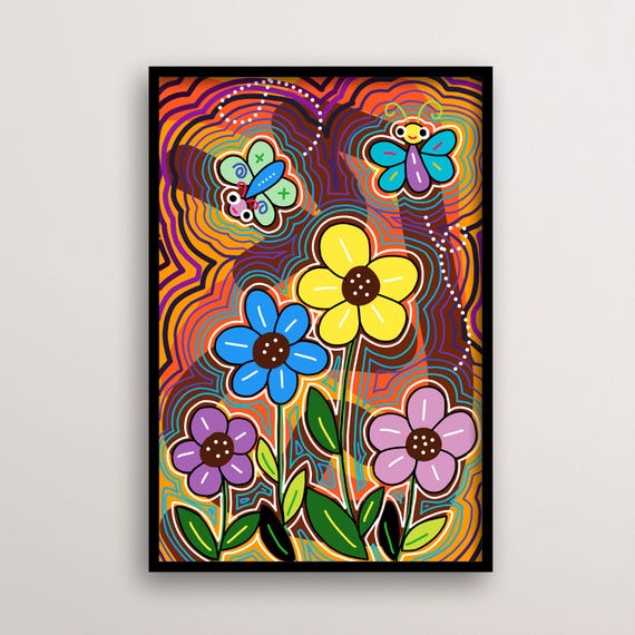 Whimsical Flower Art, Psychedelic Butterfly Poster