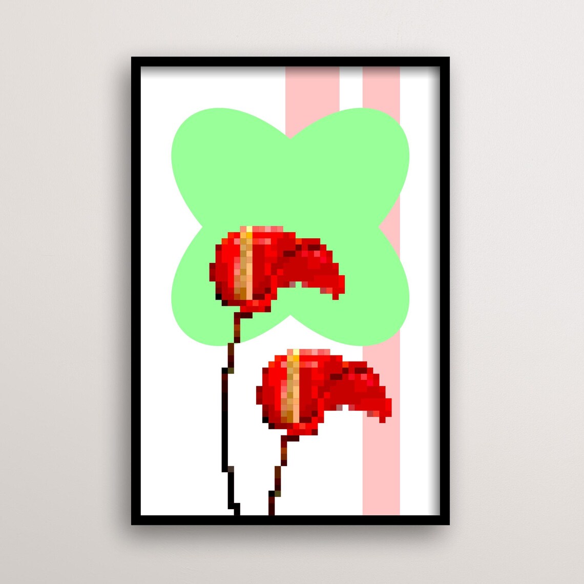 Pixel Anthurium Art Print, Retro Botanical Decor