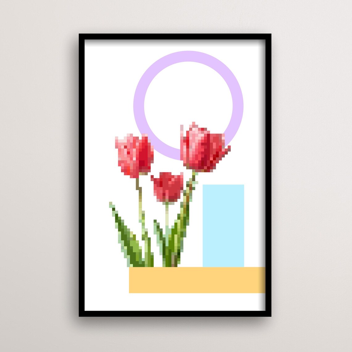 Pixel Tulip Art Print, Minimal Floral Decor
