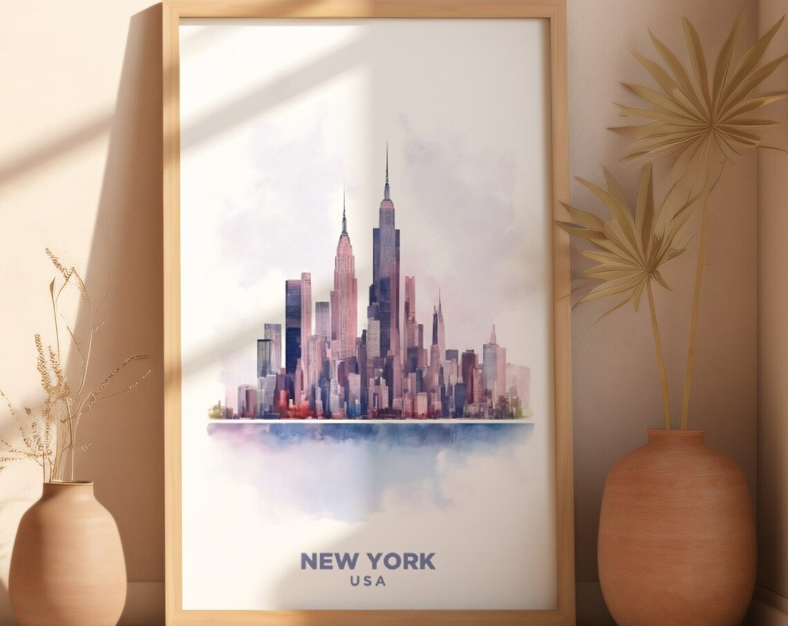 New York USA Pink Watercolor Skyline Travel Exhibition Poster - Image 3