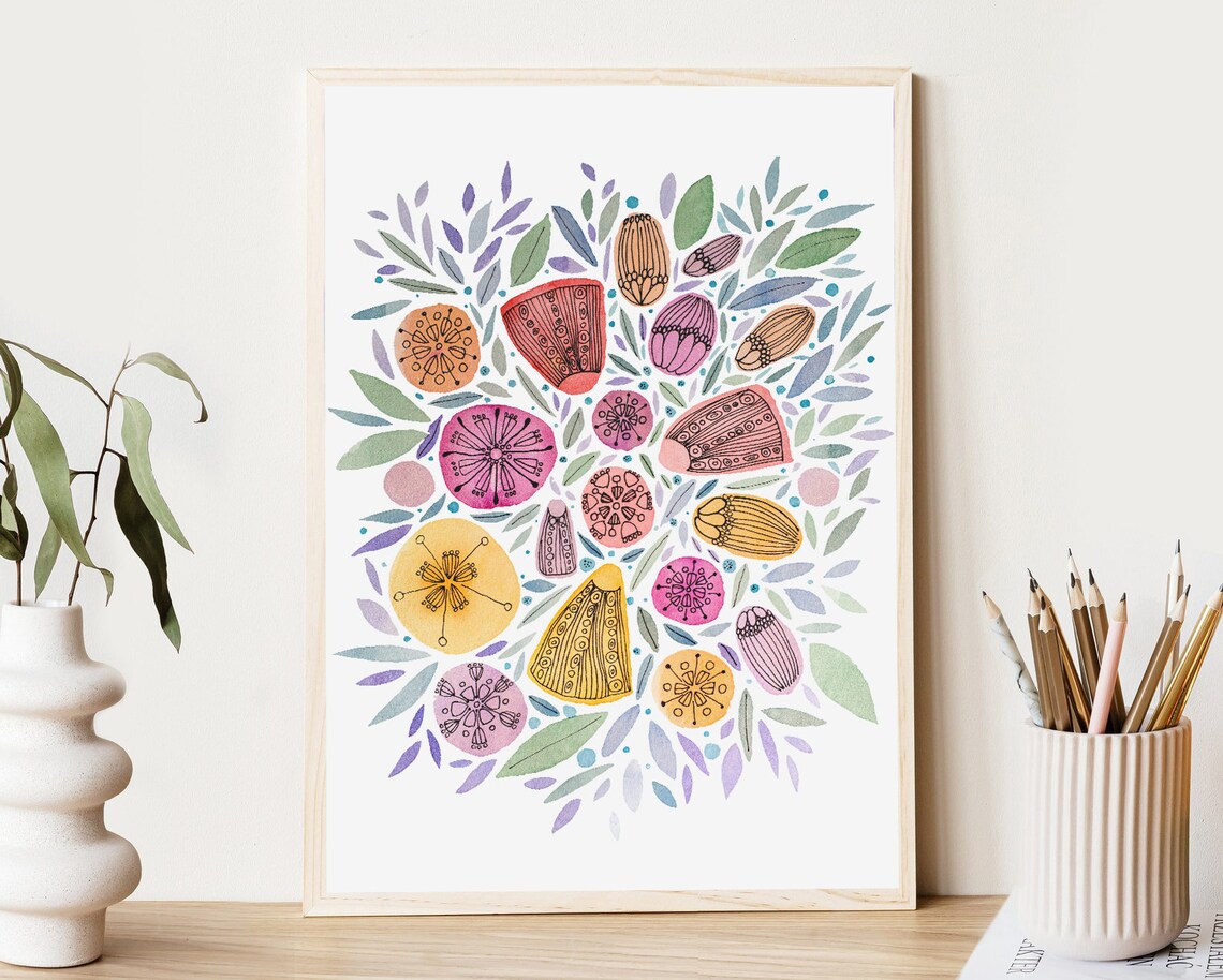 Colorful Botanical Doodle Flowers Watercolor Pattern Nursery Poster
