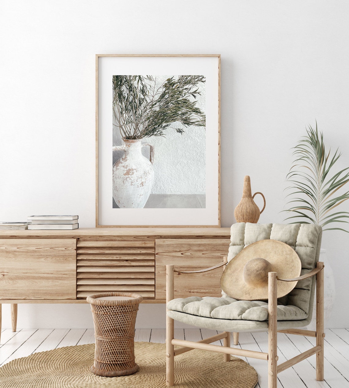 Rustic White Clay Vase With Olive Branches Minimal Still Life Poster - Image 2