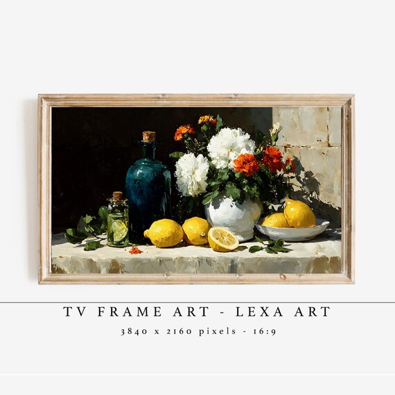 Lemon Still Life with Flowers Rustic Kitchen TV Frame Poster