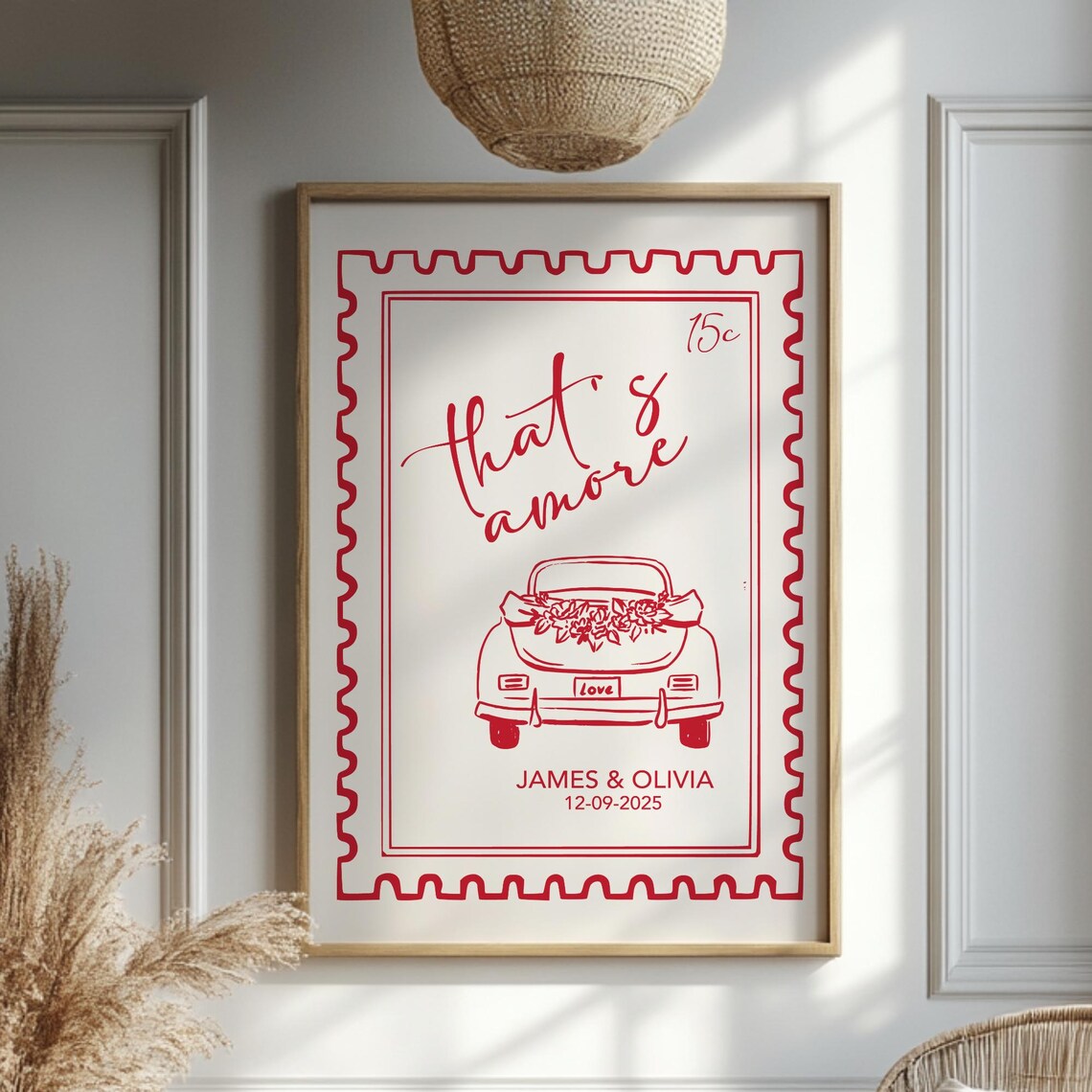 Personalized Wedding Stamp Poster, Retro Car Travel Print