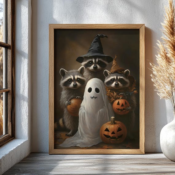 Cute Raccoon Ghosts Printed Wall Art Halloween Spooky Animals With Pumpkins Poster Whimsical Autumn Nursery Decor Fall Seasonal Home