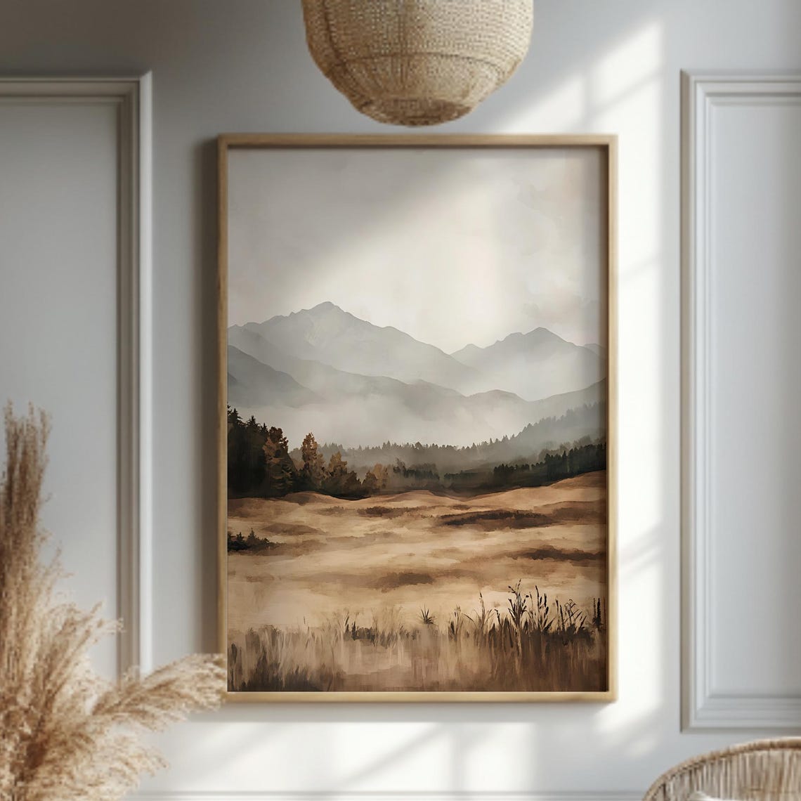 Rustic Mountain Wall Art Neutral Landscape Poster Misty Valley Print Farmhouse Nature Artwork Autumn Home Decor Minimalist