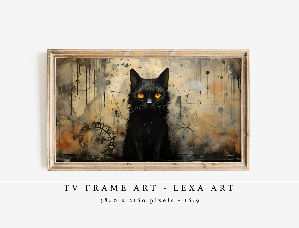 Vintage Black Halloween Cat Frame Tv Art Spooky Style Samsung Instant