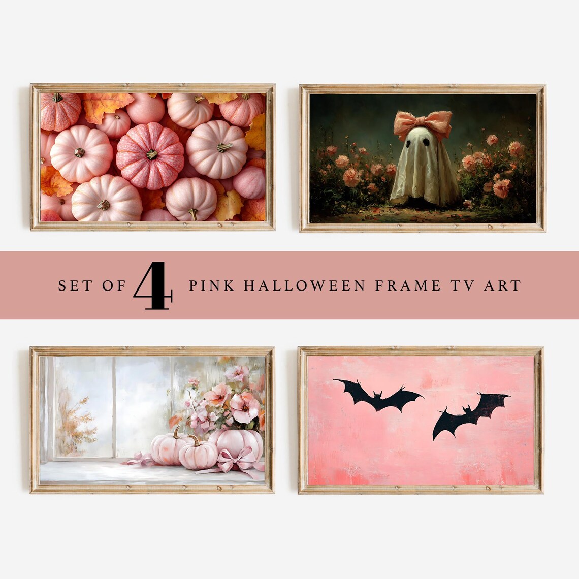 Pink Halloween Tv Frame Art Set Of 4 Pumpkin With Bow Bat Artwork Samsung