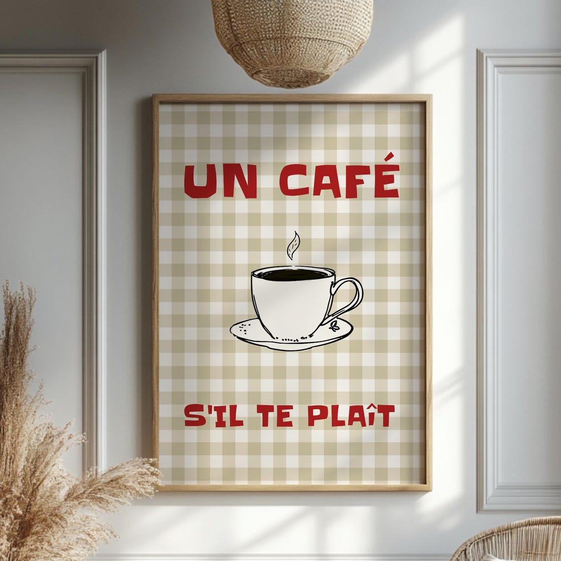 Un Café S'il Te Plaît French Coffee Quote Gingham Kitchen Poster
