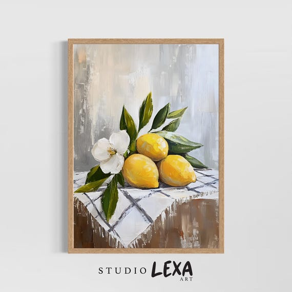 Lemon Still Life Print Rustic Kitchen Wall Art Tuscan Fruit Painting Vintage Citrus Artwork Mediterranean Room Decor Country Home