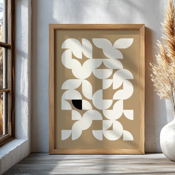 Beige Geometric Printed Wall Art Neutral Mid Century Modern Contemporary Abstract Office Minimalist Home Decor