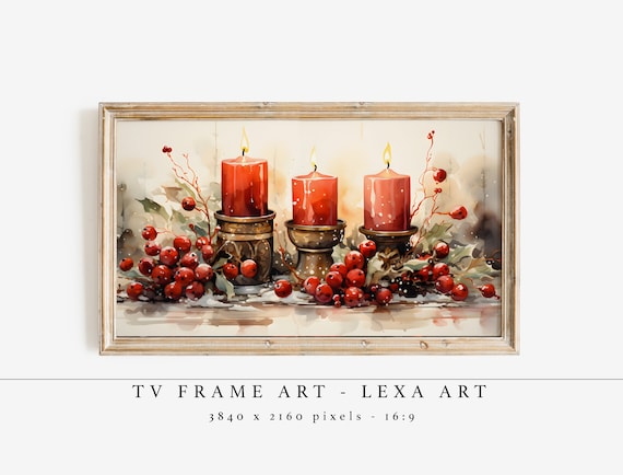 Red Christmas Candles Winter Berries Watercolor Holiday Poster
