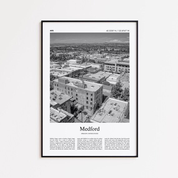 Medford Oregon Black and White Aerial City Photography Travel Poster