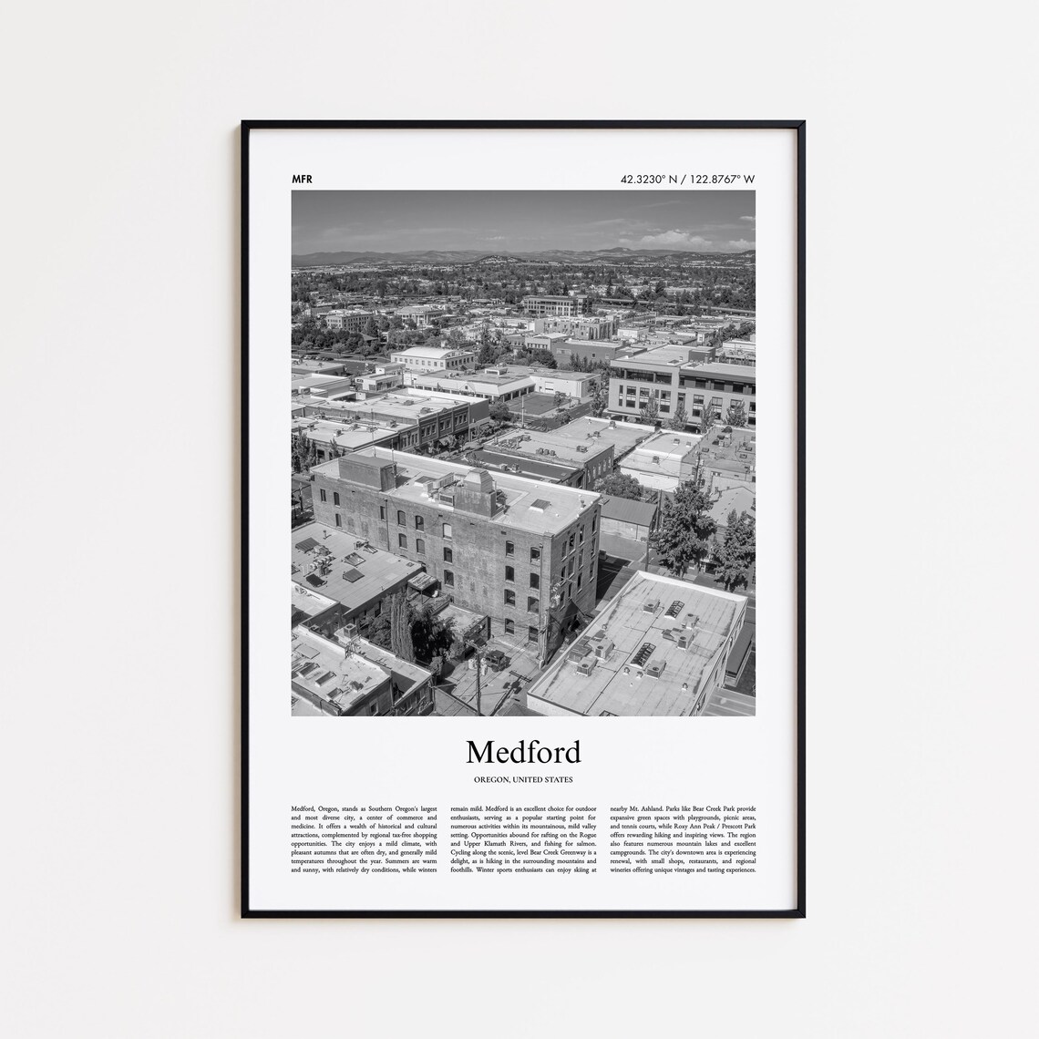 Medford Oregon Black and White Aerial City Photography Travel Poster