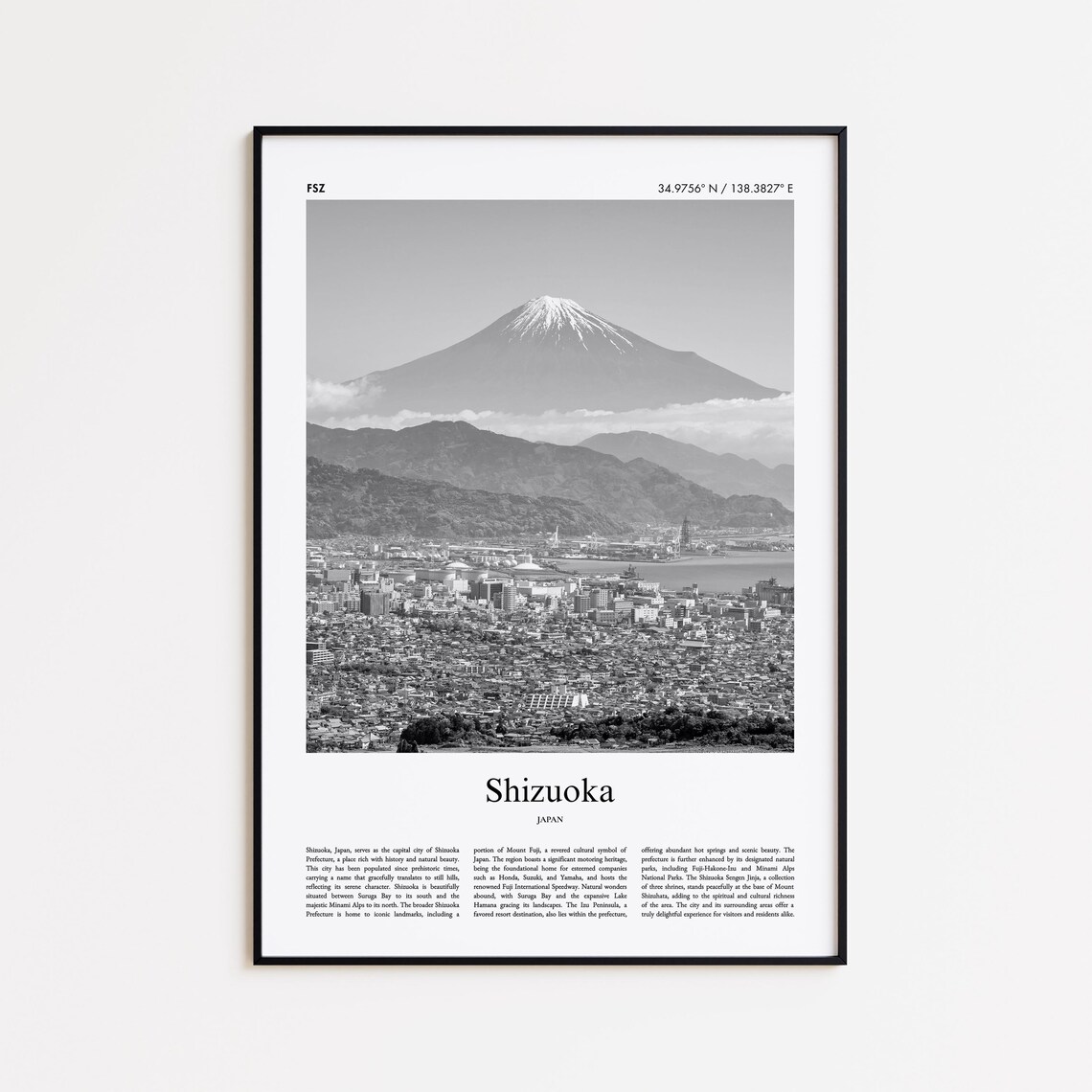 Shizuoka Mount Fuji Black And White Minimal Japan Travel Photo Poster