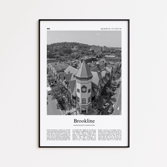 Brookline Massachusetts Black and White Aerial Clock Tower Town Poster