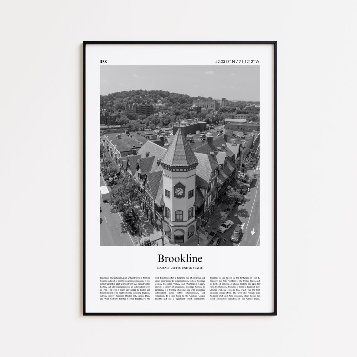 Brookline Massachusetts Black and White Aerial Clock Tower Town Poster