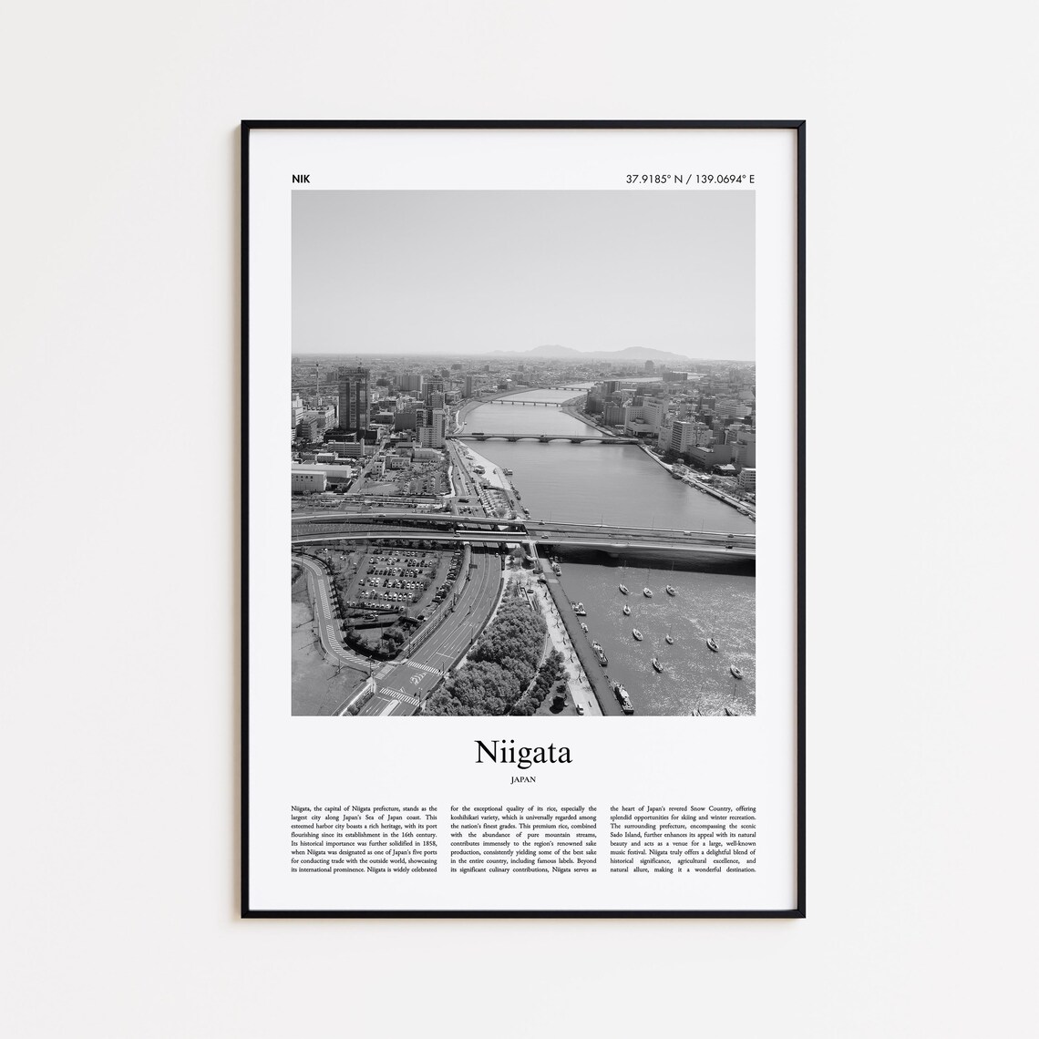 Niigata Japan Black And White River City Aerial Travel Photo Poster