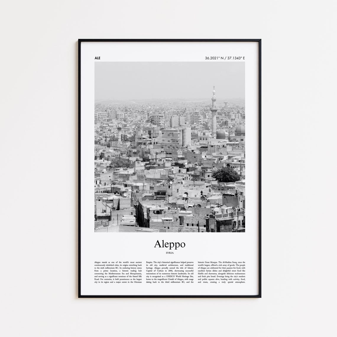 Aleppo Syria Black And White Ancient Old City Skyline Photo Poster
