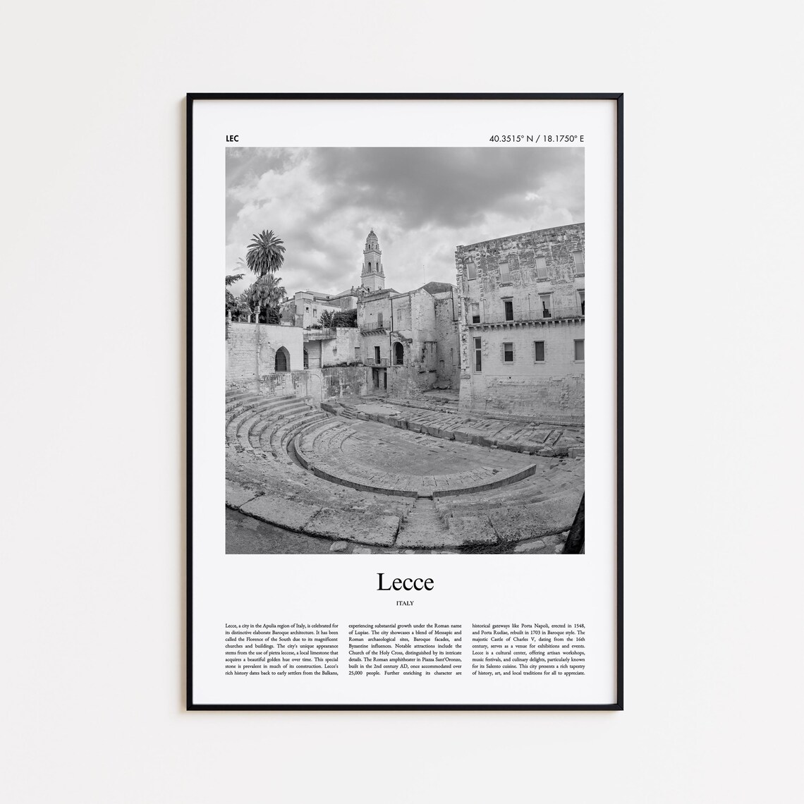 Lecce Italy Black And White Amphitheater Photo Travel Poster
