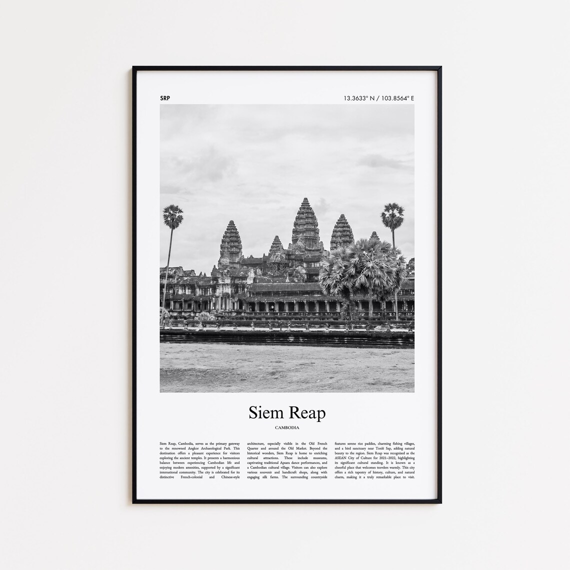 Siem Reap Cambodia Angkor Wat Black And White Photo Travel Poster
