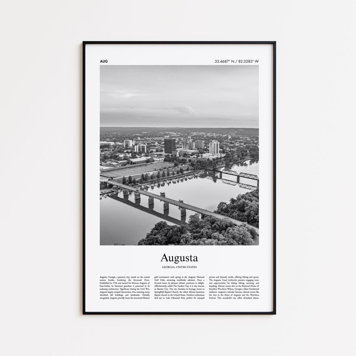 Augusta Georgia Black and White River Bridge Skyline Photo Print