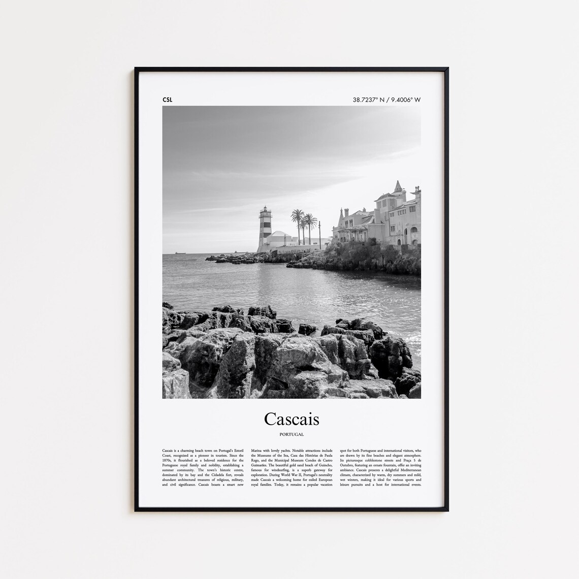 Cascais Portugal Black and White Photo Travel Poster with Lighthouse