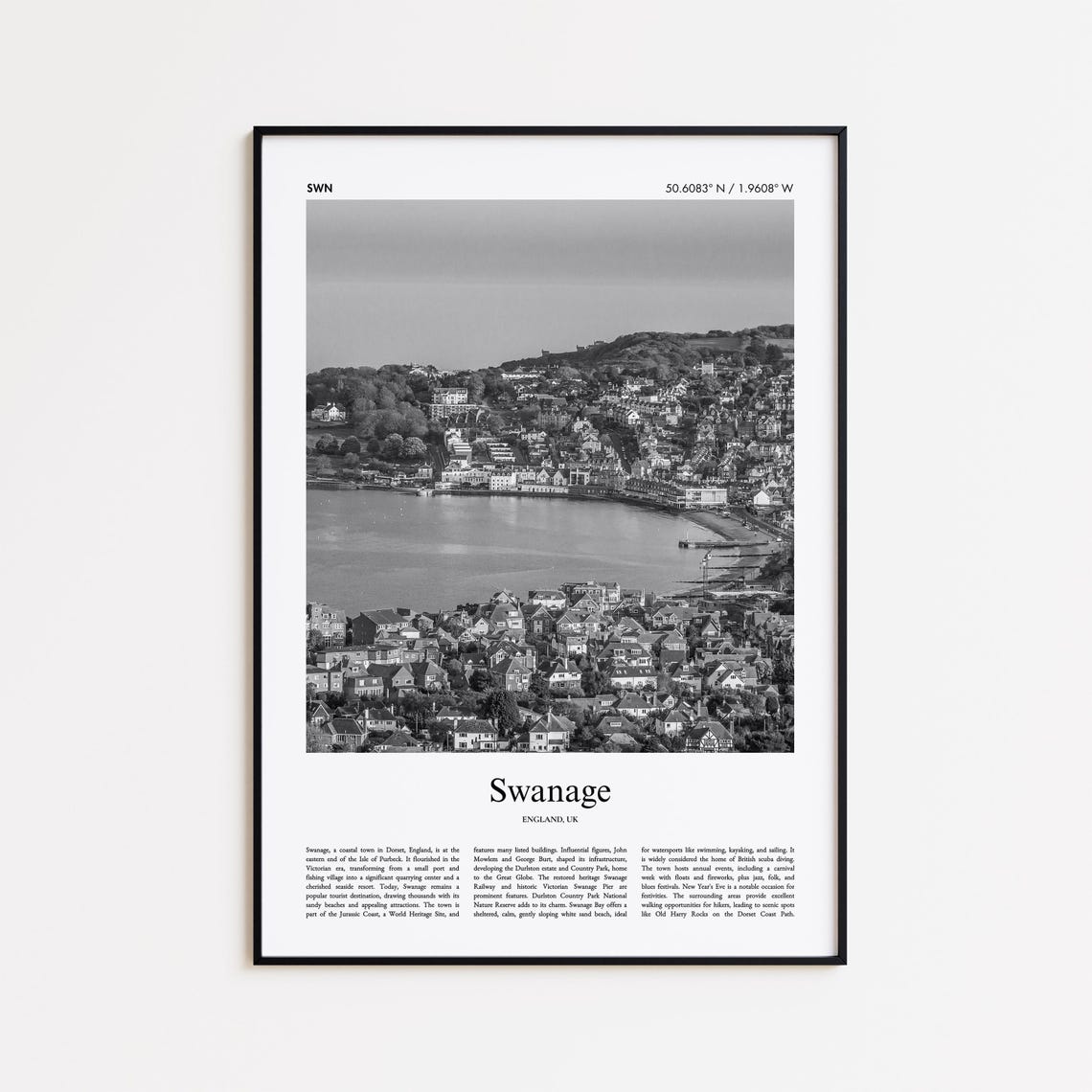 Swanage England Black White Seaside Town Photo Travel Poster