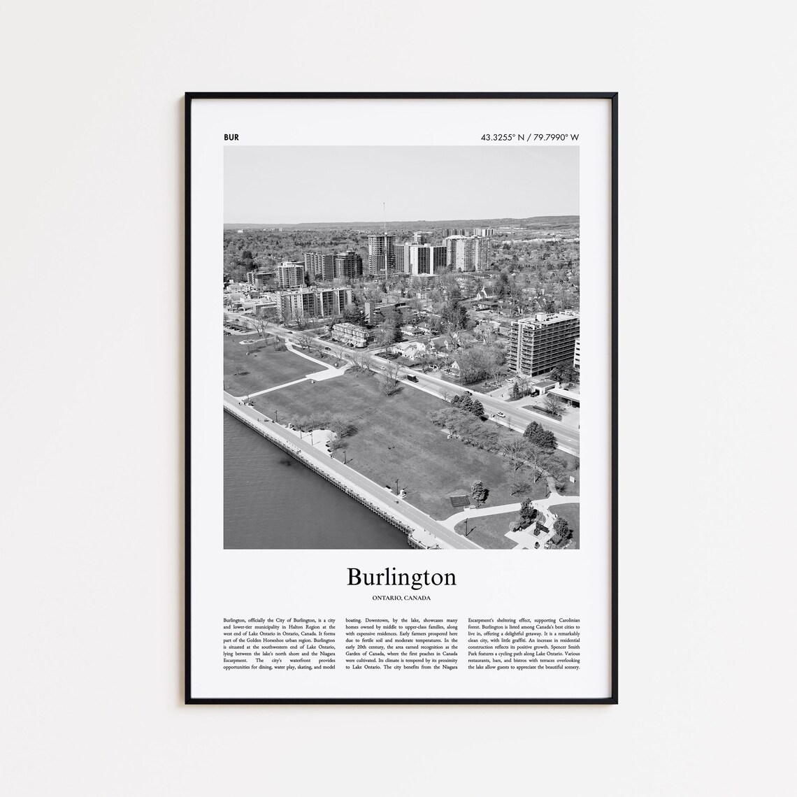 Burlington Ontario Lakefront Aerial Black and White Photo Poster