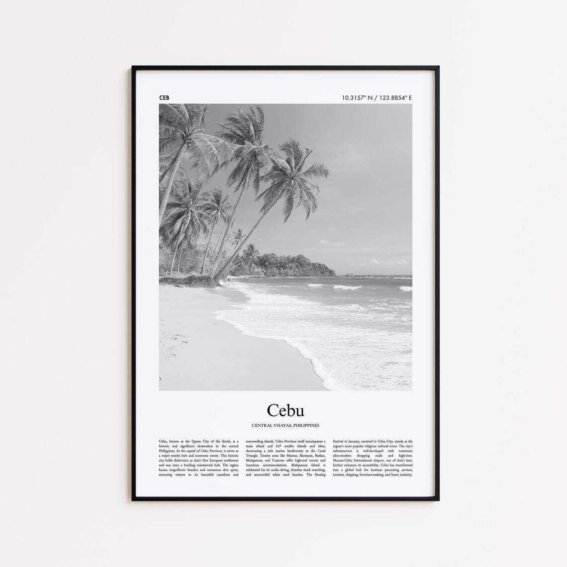 Cebu Philippines Tropical Beach Black And White Photo Travel Poster