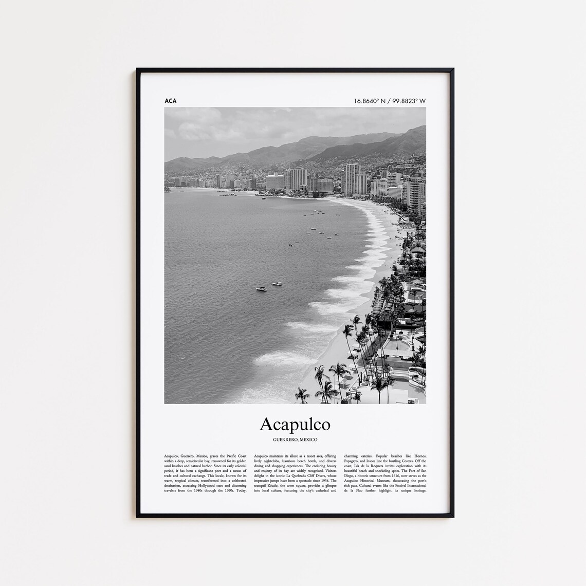 Acapulco Black White Photo Travel Beach Bay City Mexico Poster