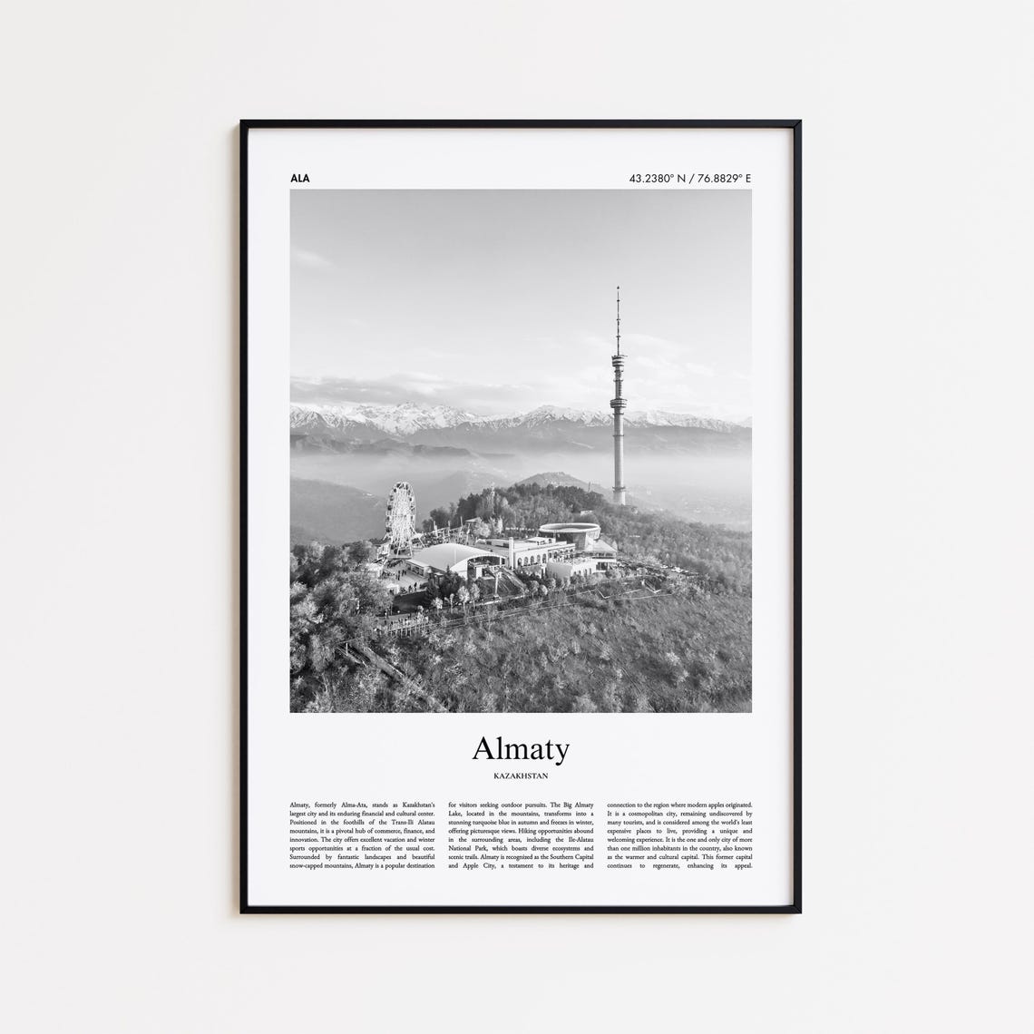 Almaty Kazakhstan Black And White TV Tower Mountain Travel Poster