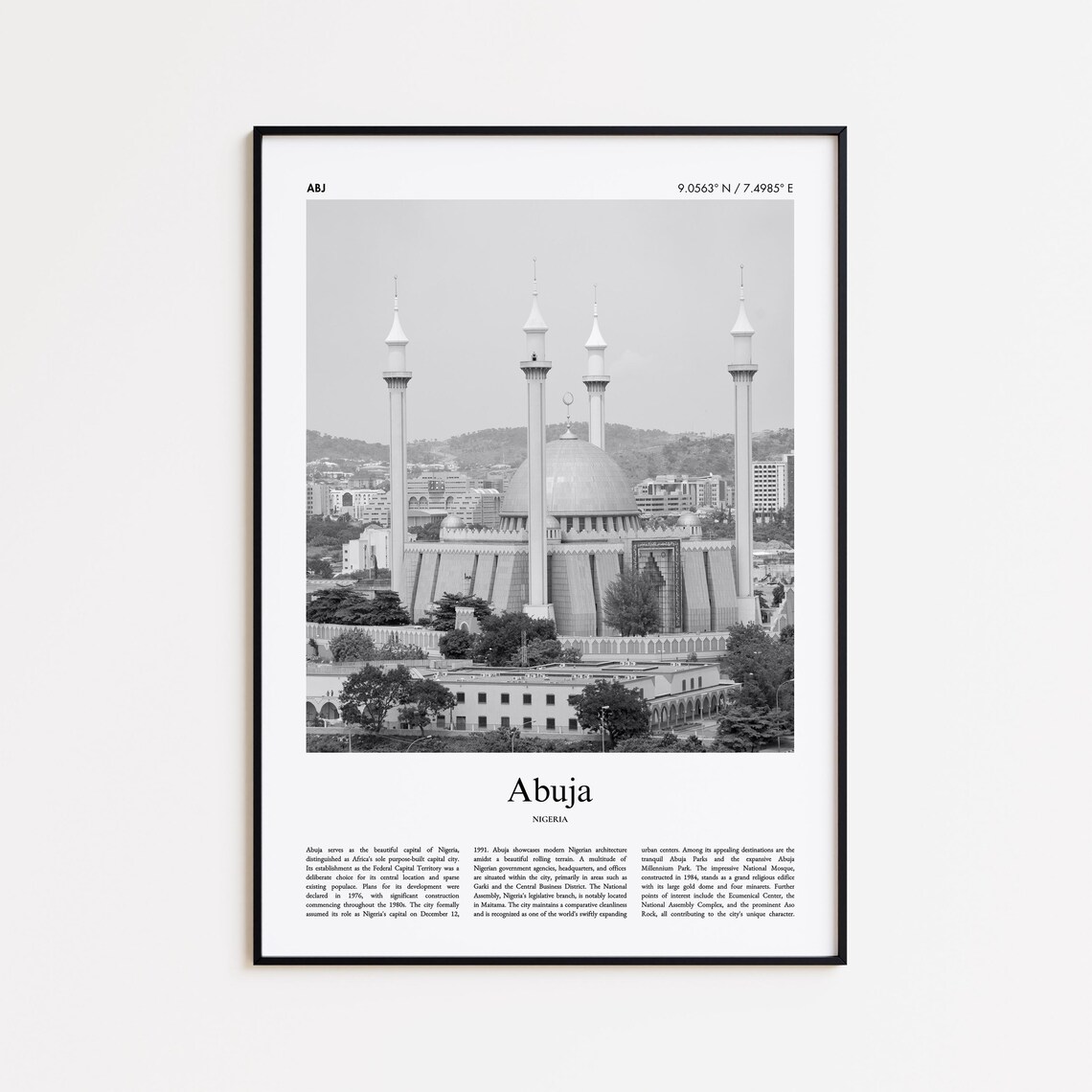 Abuja Nigeria National Mosque Dome Black and White Travel Poster