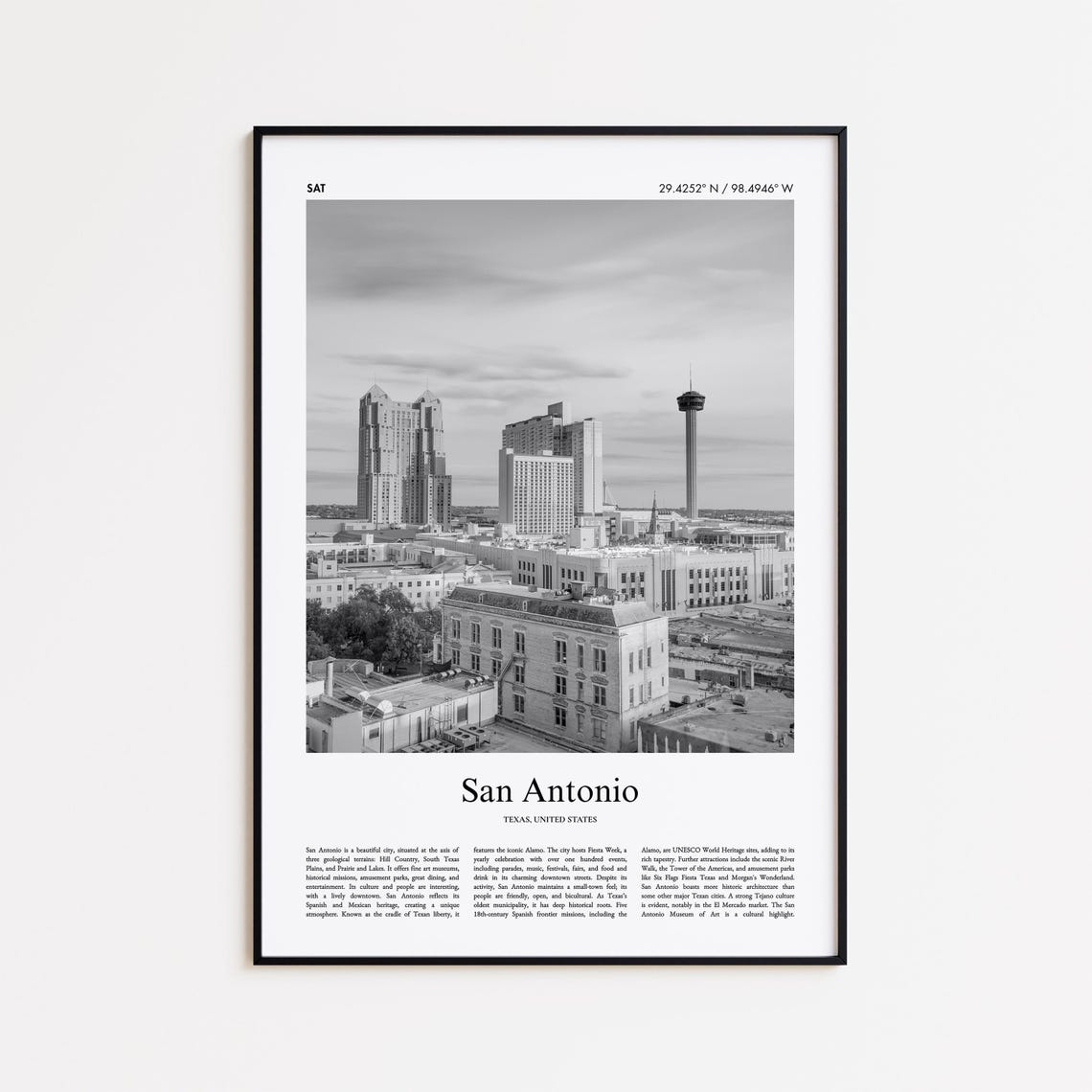 San Antonio Texas Black And White Skyline Photo Travel Poster