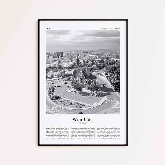 Windhoek Namibia Aerial Church Roundabout Black and White Travel Poster