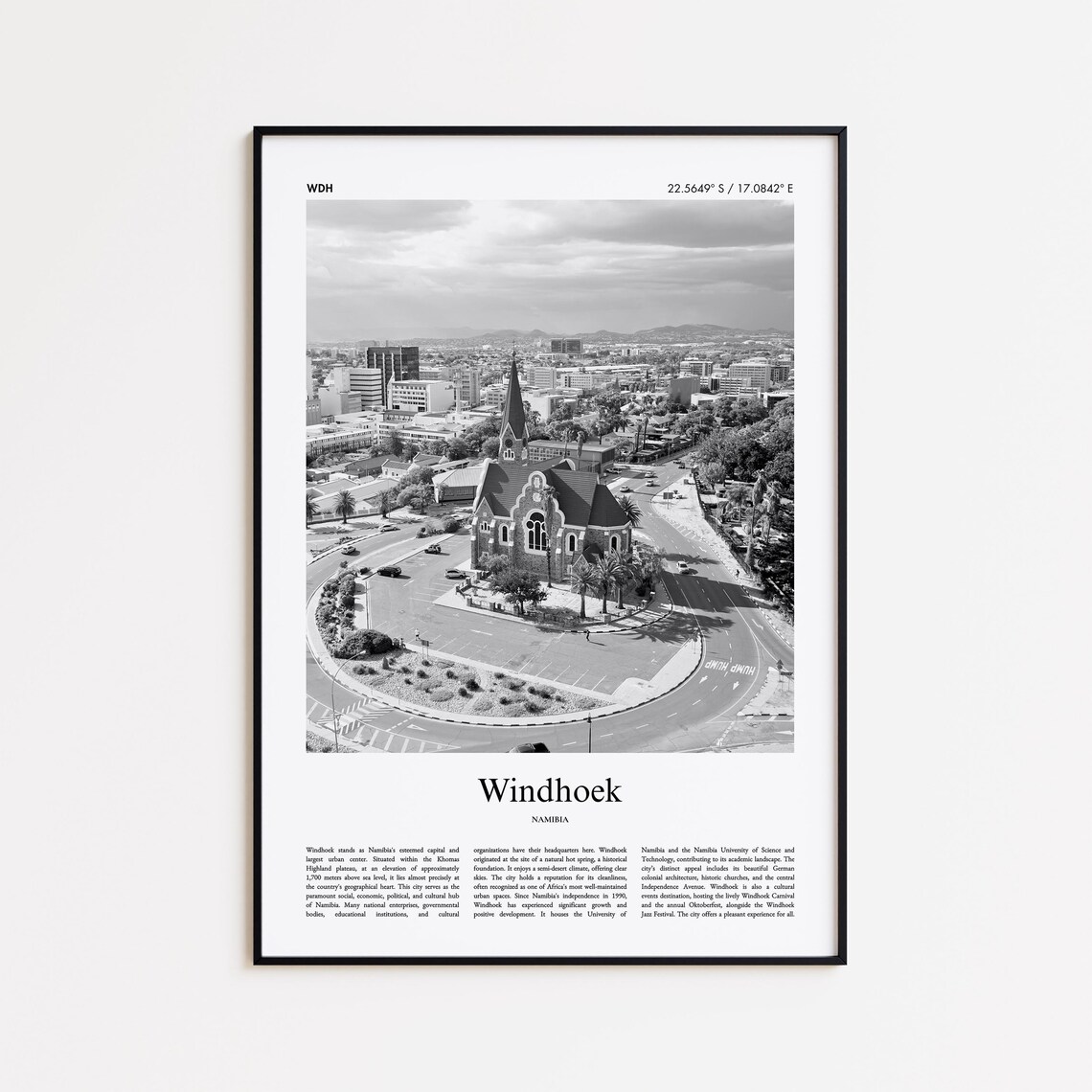 Windhoek Namibia Aerial Church Roundabout Black and White Travel Poster