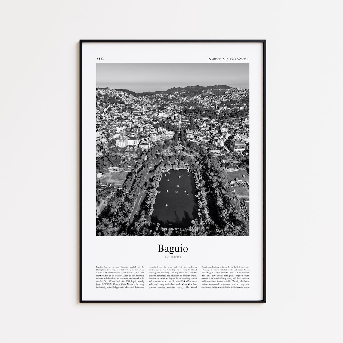 Baguio City Aerial View Black And White Minimal Travel Photo Poster