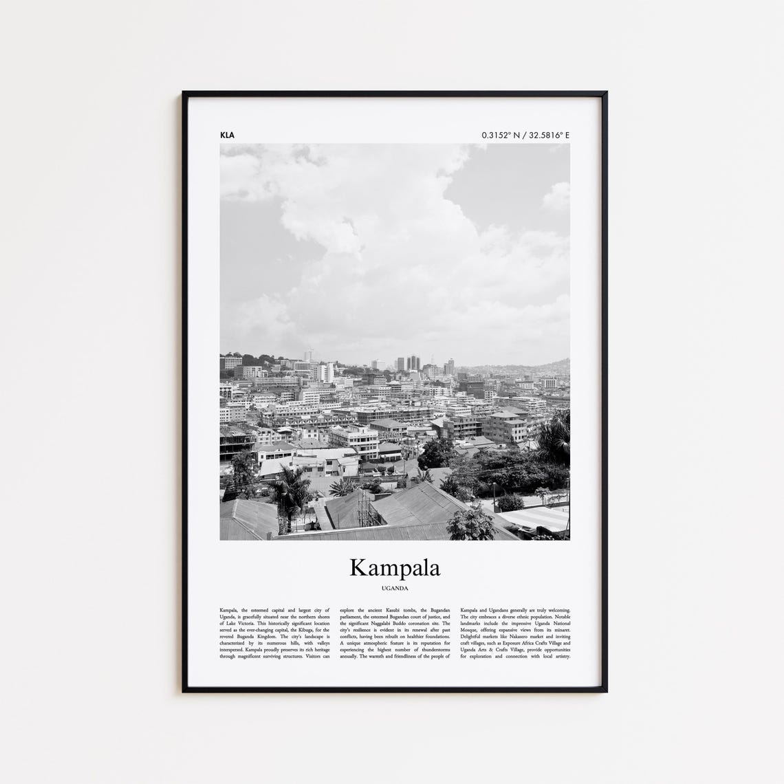 Kampala Uganda African Capital Black And White Skyline Poster
