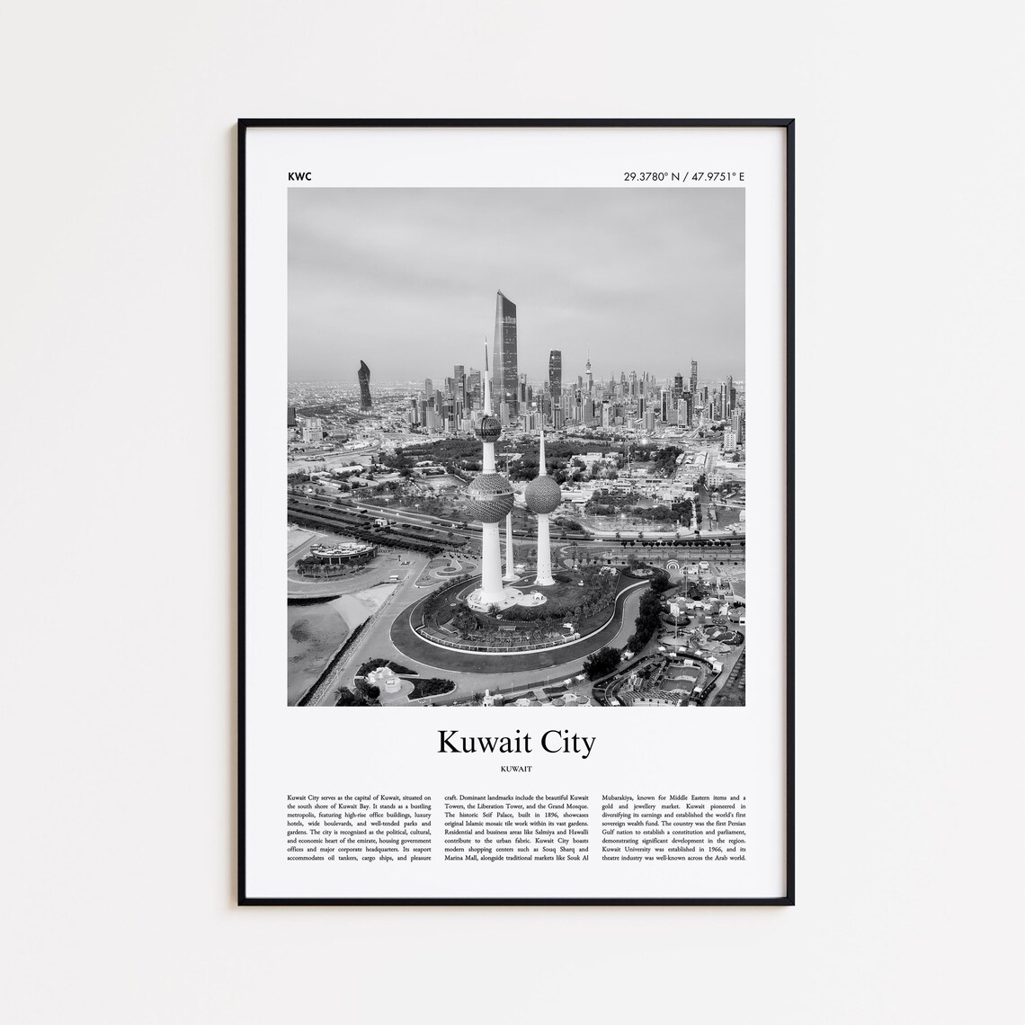 Kuwait City Black And White Towers Skyline Minimal Travel Poster