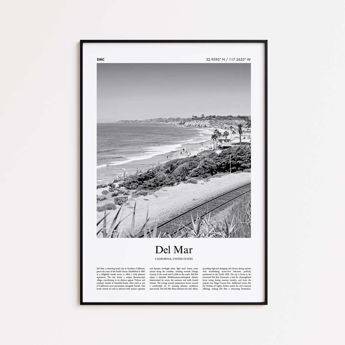 Del Mar California Black And White Coastal Beach Photography Poster