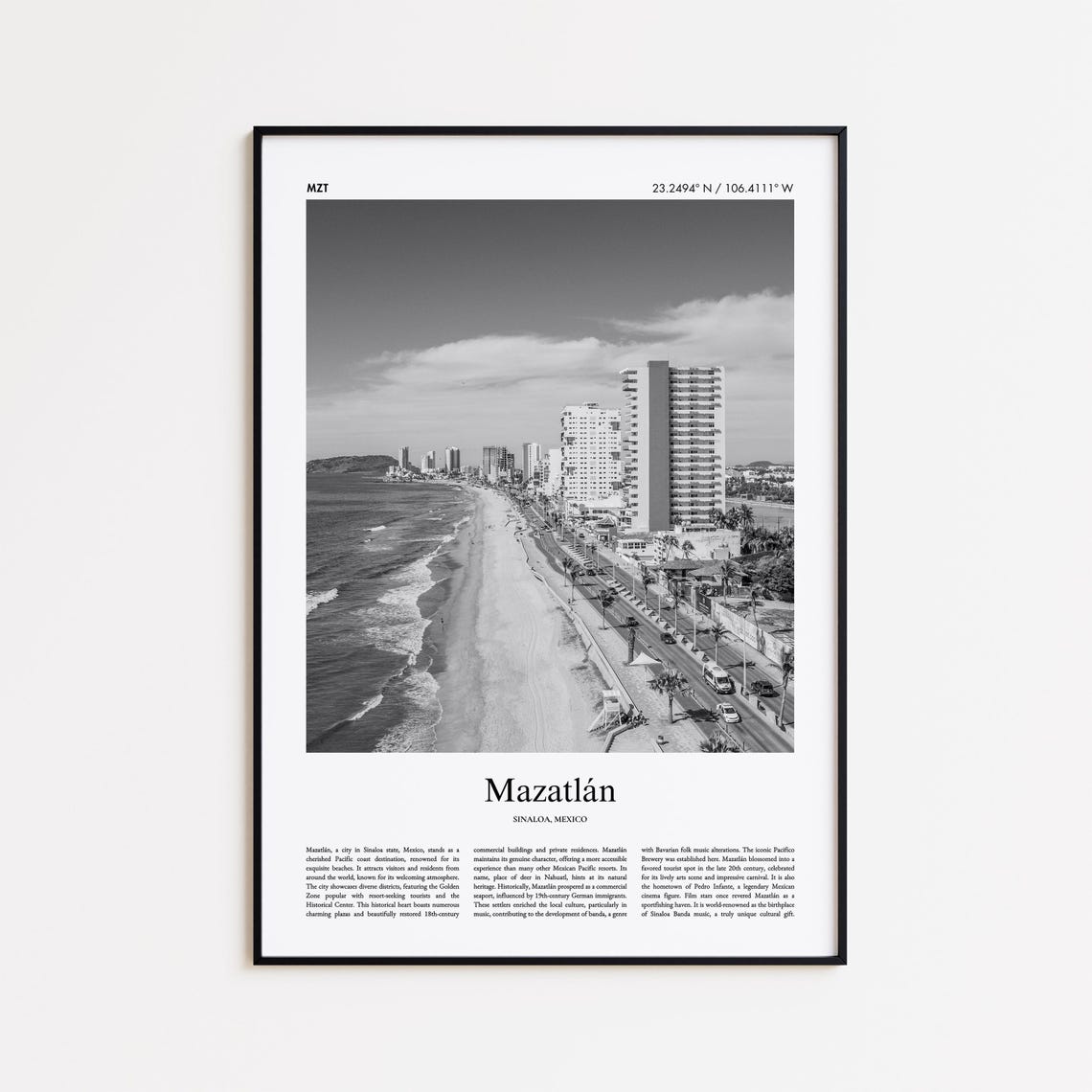 Mazatlán Beachfront Aerial Black and White Photo Travel Poster