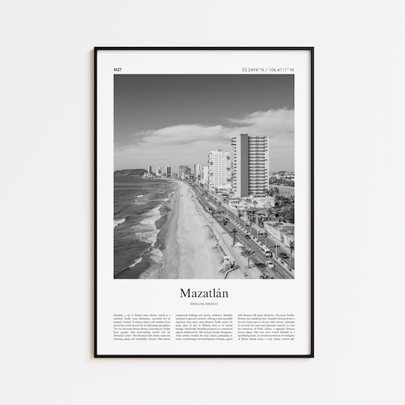 Mazatlán Beachfront Aerial Black and White Photo Travel Poster