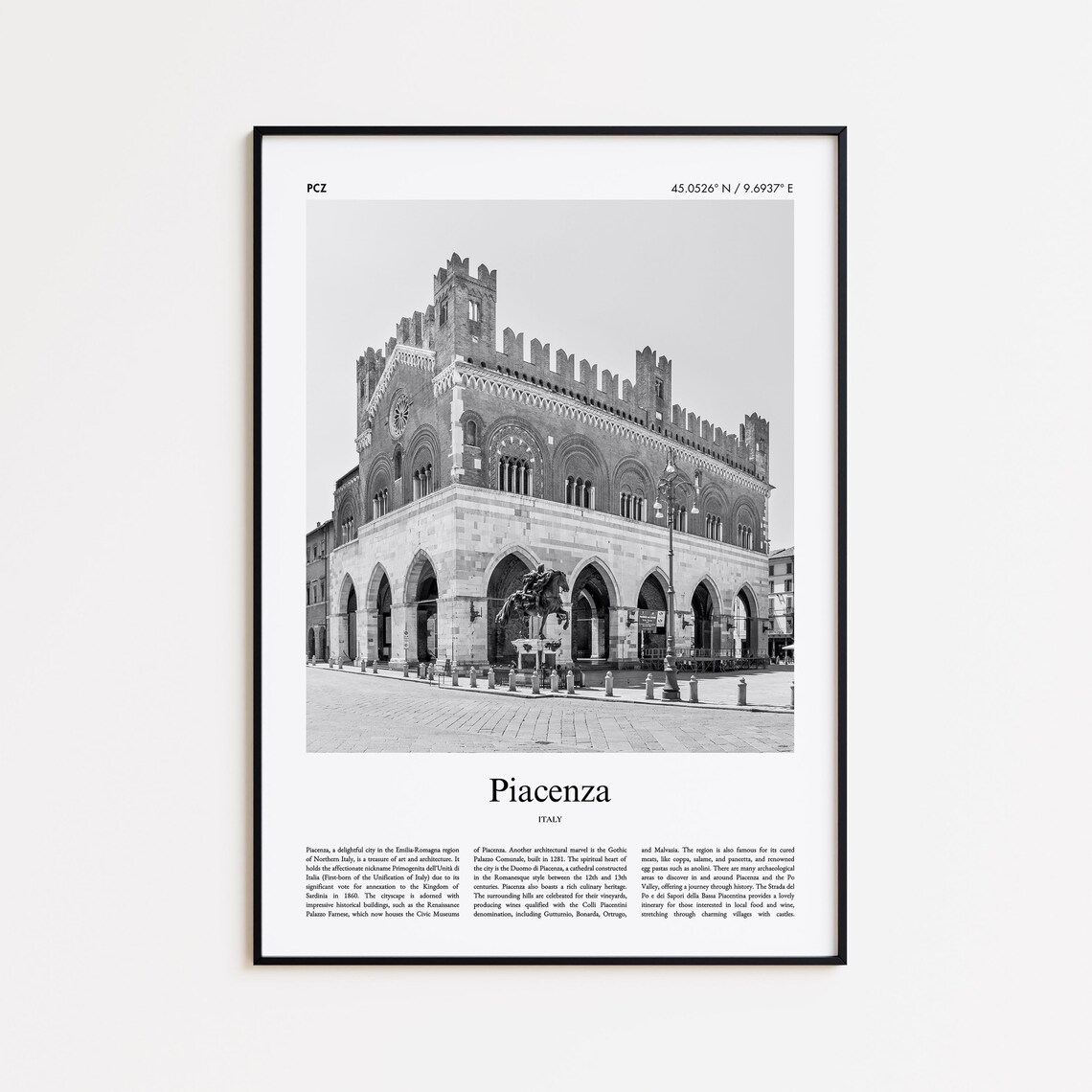 Piacenza Palazzo Comunale Black And White Italy Travel Poster