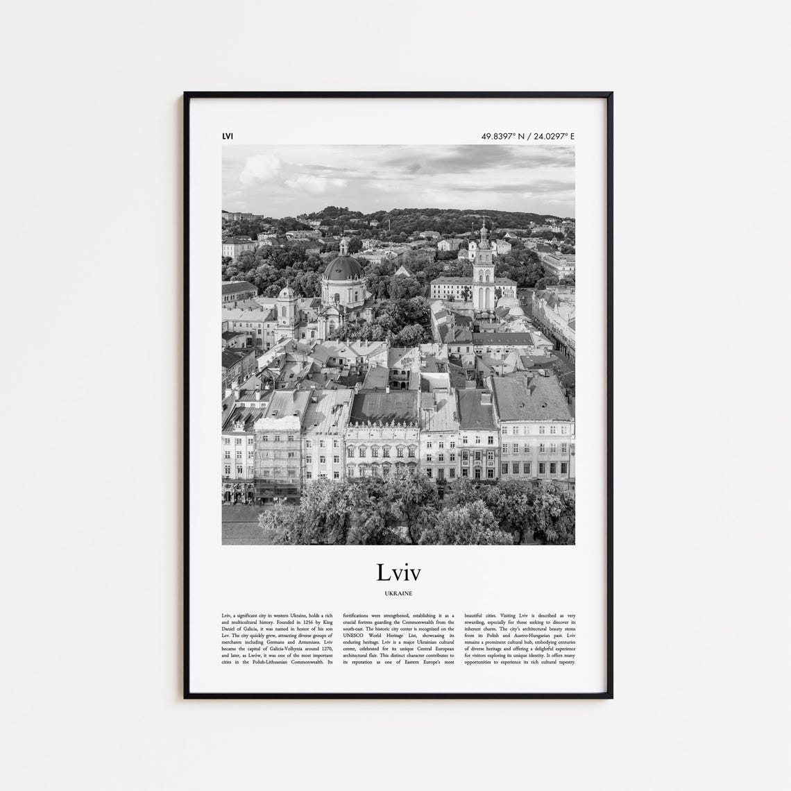 Lviv Ukraine Historic Old Town Black And White Travel Poster