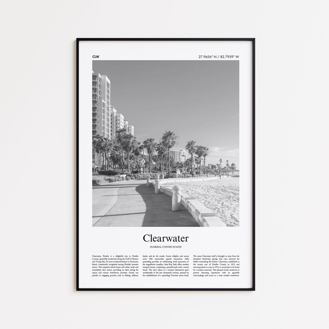 Clearwater Florida Black And White Beach Photo Travel Poster