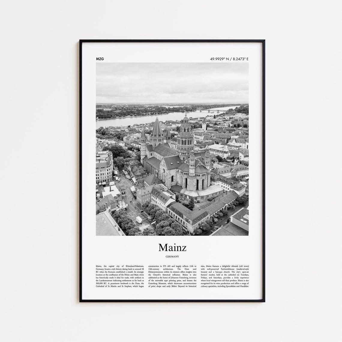 Mainz Germany Black and White Cathedral Aerial Cityscape Poster