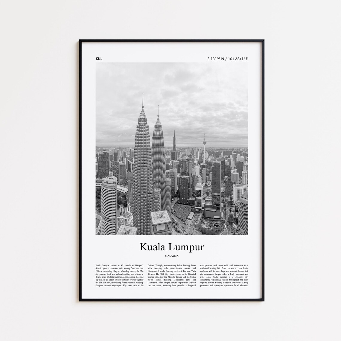 Kuala Lumpur Malaysia Black and White Twin Towers Photo Poster