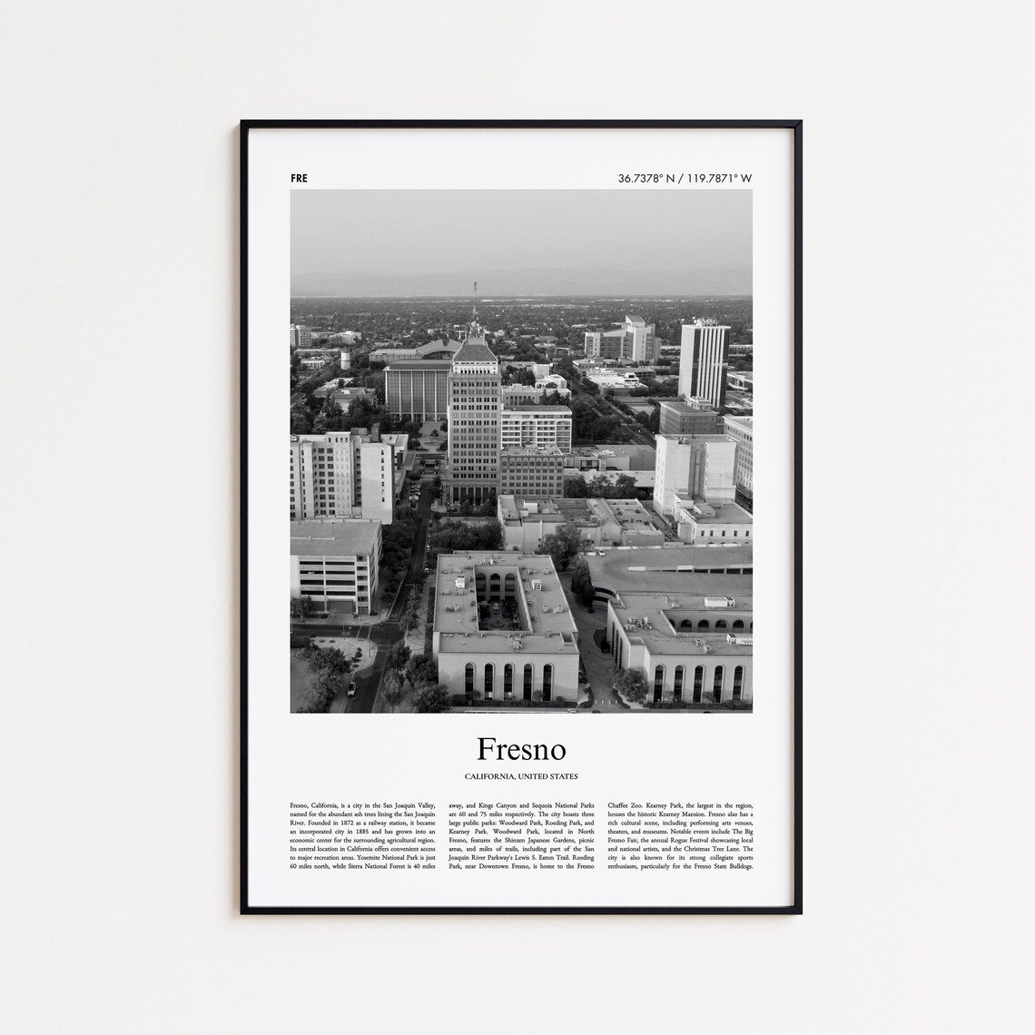 Fresno California Downtown Aerial Black And White Photo Poster